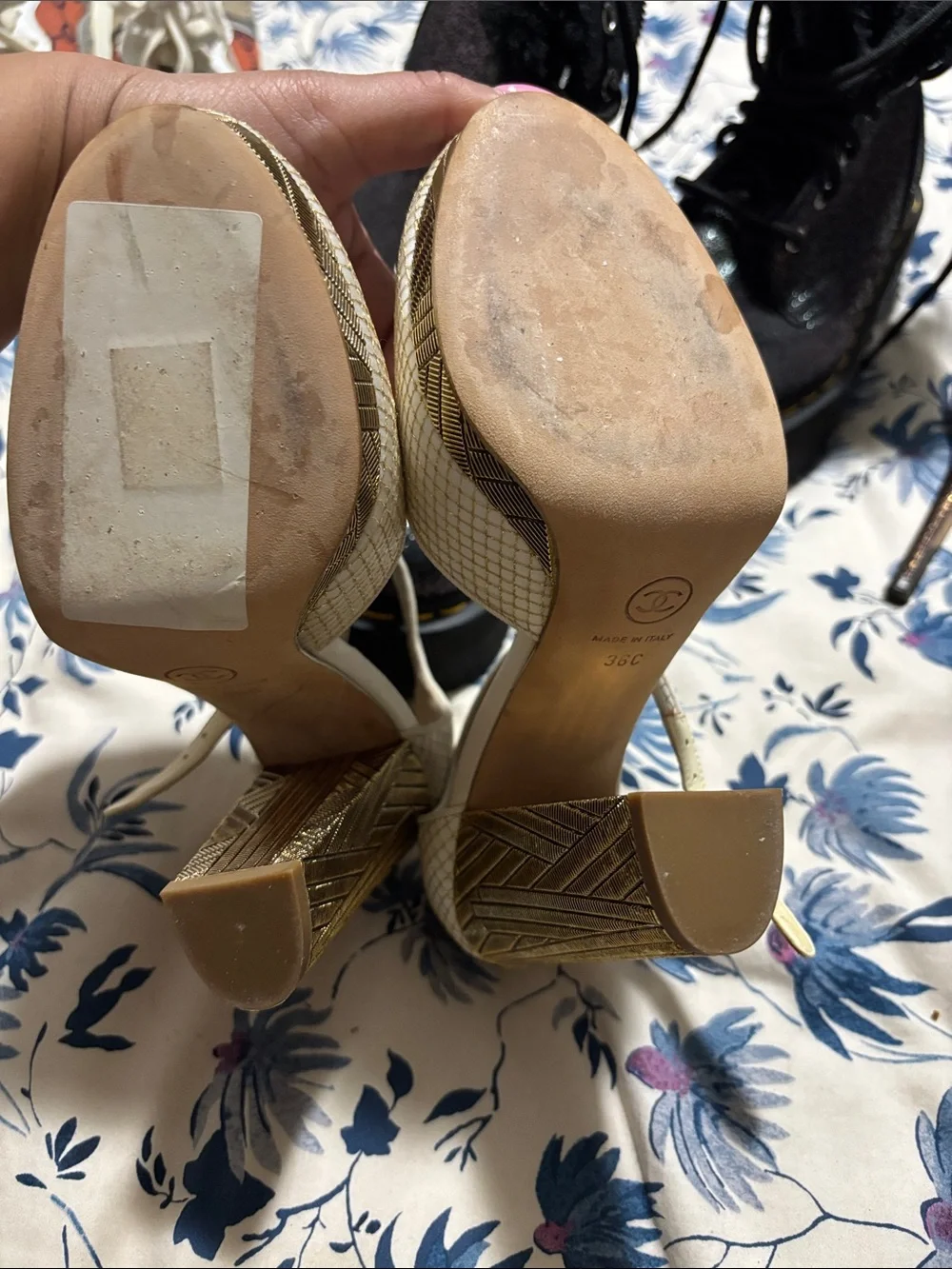 CHANEL Cream and Gold Camellia Ankle-Strap Heels